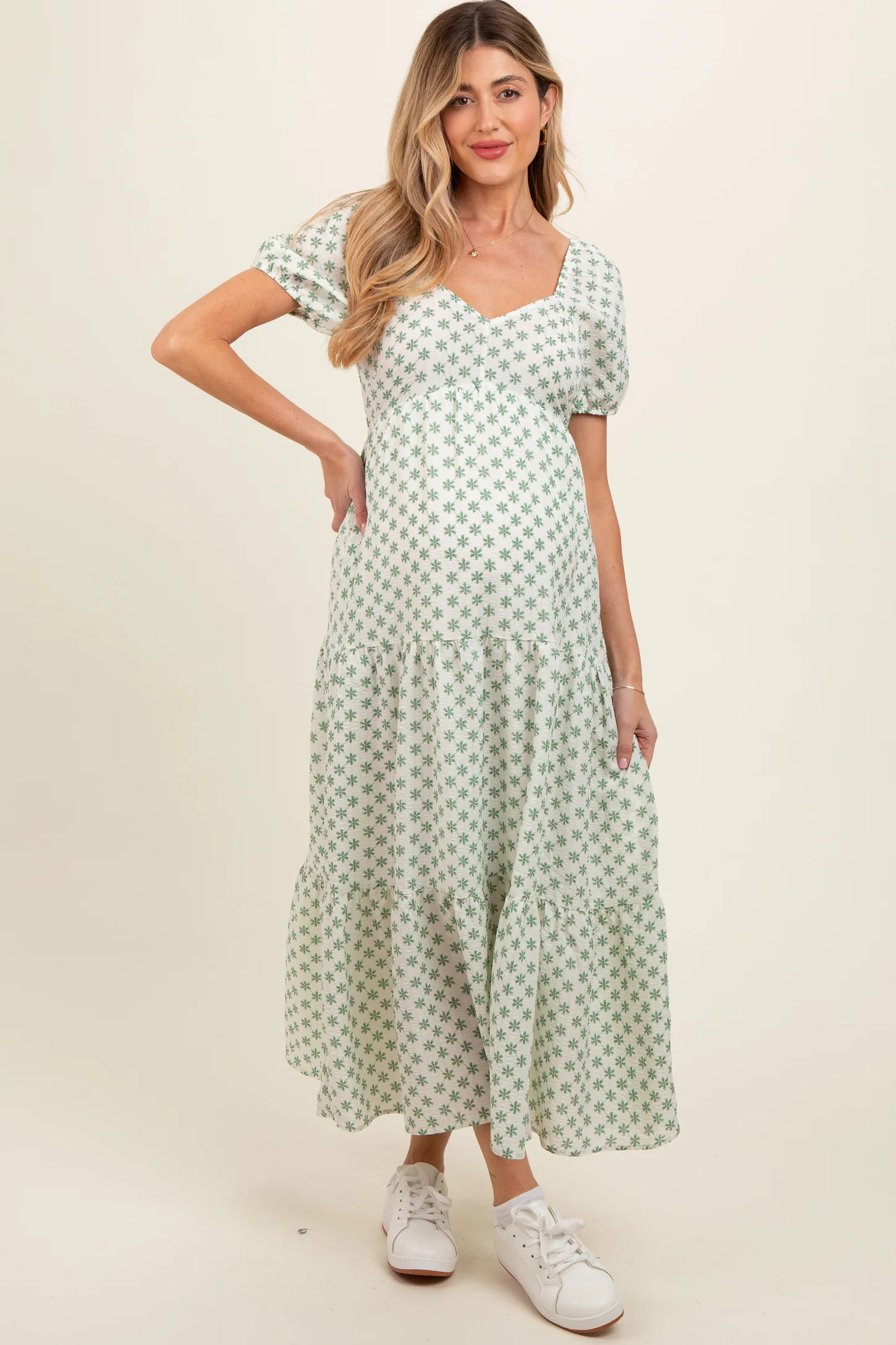 Green Floral Tiered Maternity Maxi Dress | PinkBlush Maternity