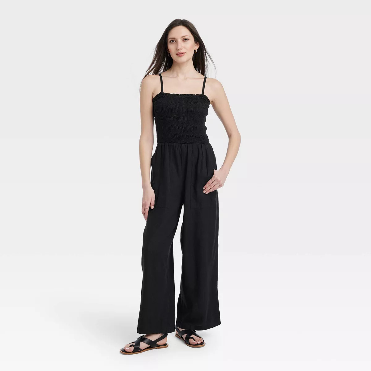 Women's Smocked Linen Maxi Jumpsuit - Universal Thread™ Black M | Target