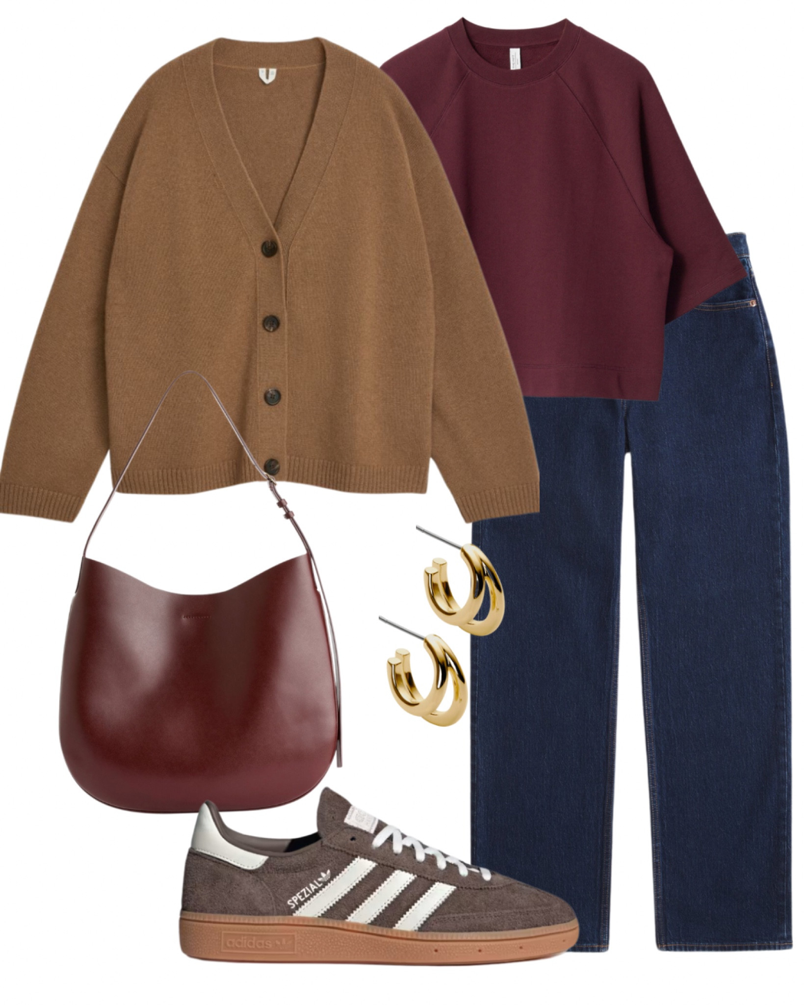 Cardigan styling, dark blue denim trousers, adidas sneakers, burgundy t-shirt, leather bag

#LTKSeasonal #LTKFindsUnder100 #LTKStyleTip