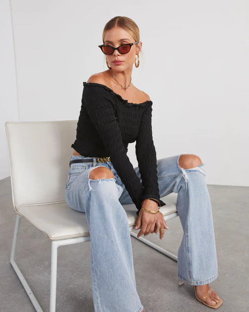 Yes Please Smocked Off The Shoulder Top - Black | VICI