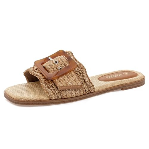 Rihero Women's Raffia Flat Sandals Square Open Toe Summer Beach Slip On Woven Buckle Slide Sandal... | Amazon (US)