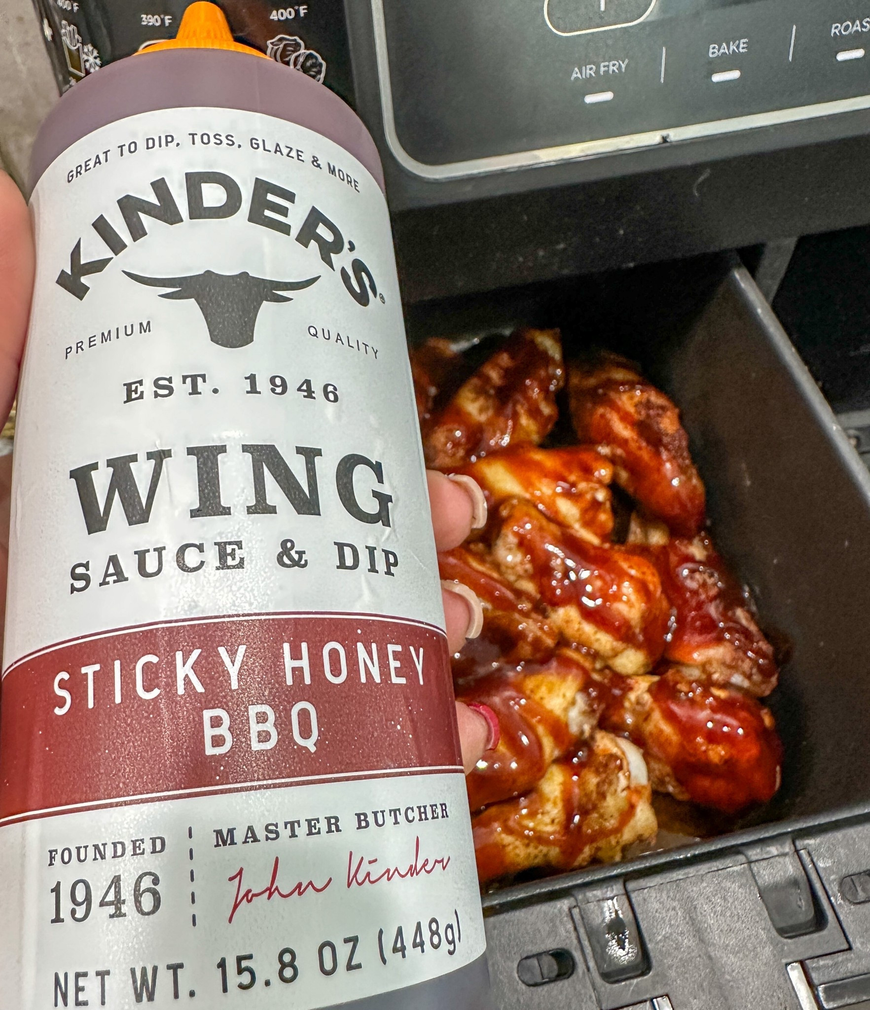 Air fryer wings are my favorite game day eat. I recently tried this Sticky Honey BBQ sauce. Let this be the reminder you need to order an air fryer if you haven’t already. #airfryer #airfryerwings #wings #airfryer #bbqsauces #condiments #newproducts 