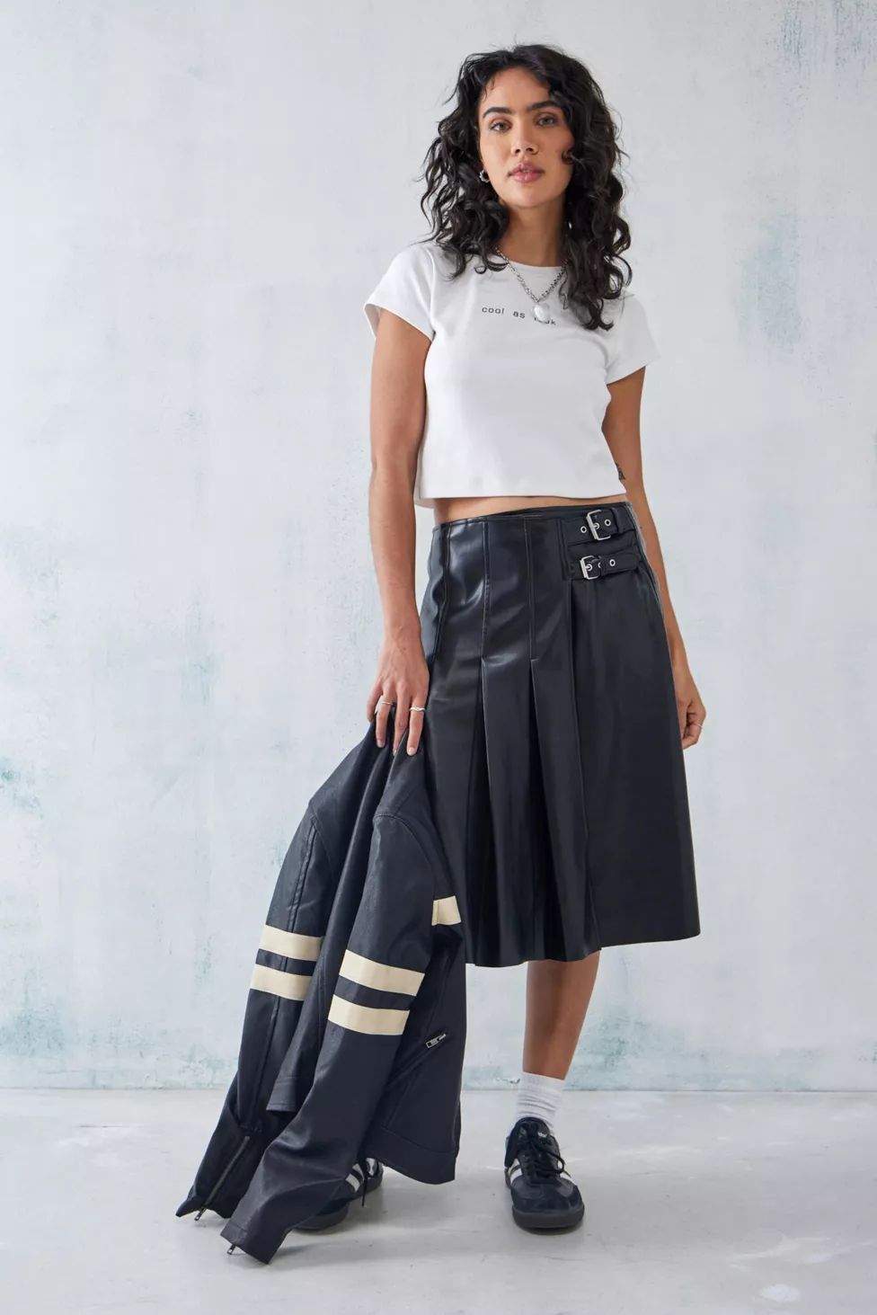 UO Awkward Buckle Faux Leather Wrap Midi Kilt | Urban Outfitters (US and RoW)