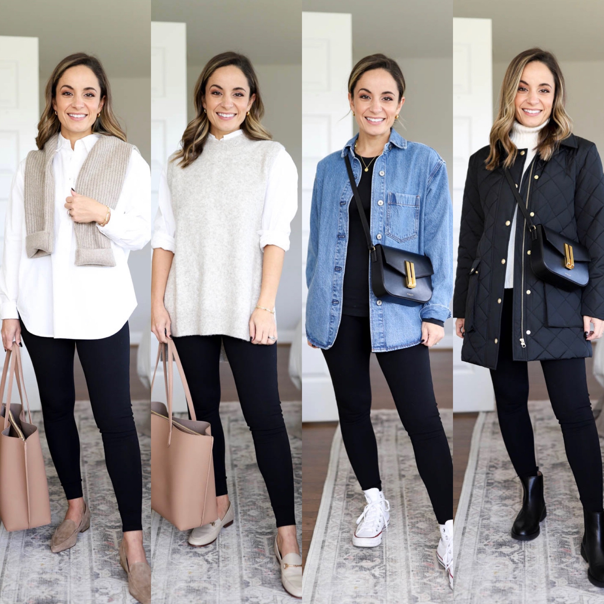 Capsule series: leggings five ways! 

Leggings: 

LOFT Ponte leggings in petite xxs 
Aerie Real Me in XS Short 

Outfit 1: (from left) 
White top: xs 
Sweater: xxs 
Shoes: tts 

Outfit 2: 
White top: xs 
Vest: xs
Shoes: tts (soft beige) 

Outfit 3: 
Top: xs 
Denim shirt: xxs 
Shoes: tts 

Outfit 3: 
Sweater: xs 
Coat: petite 0/xs (sized up) 
Boots: tts 

#LTKstyletip