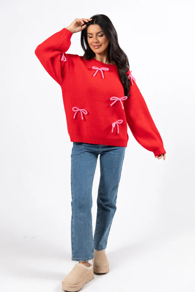 Knot Your Average Bow Red Embroidered Bow Sweater | Pink Lily