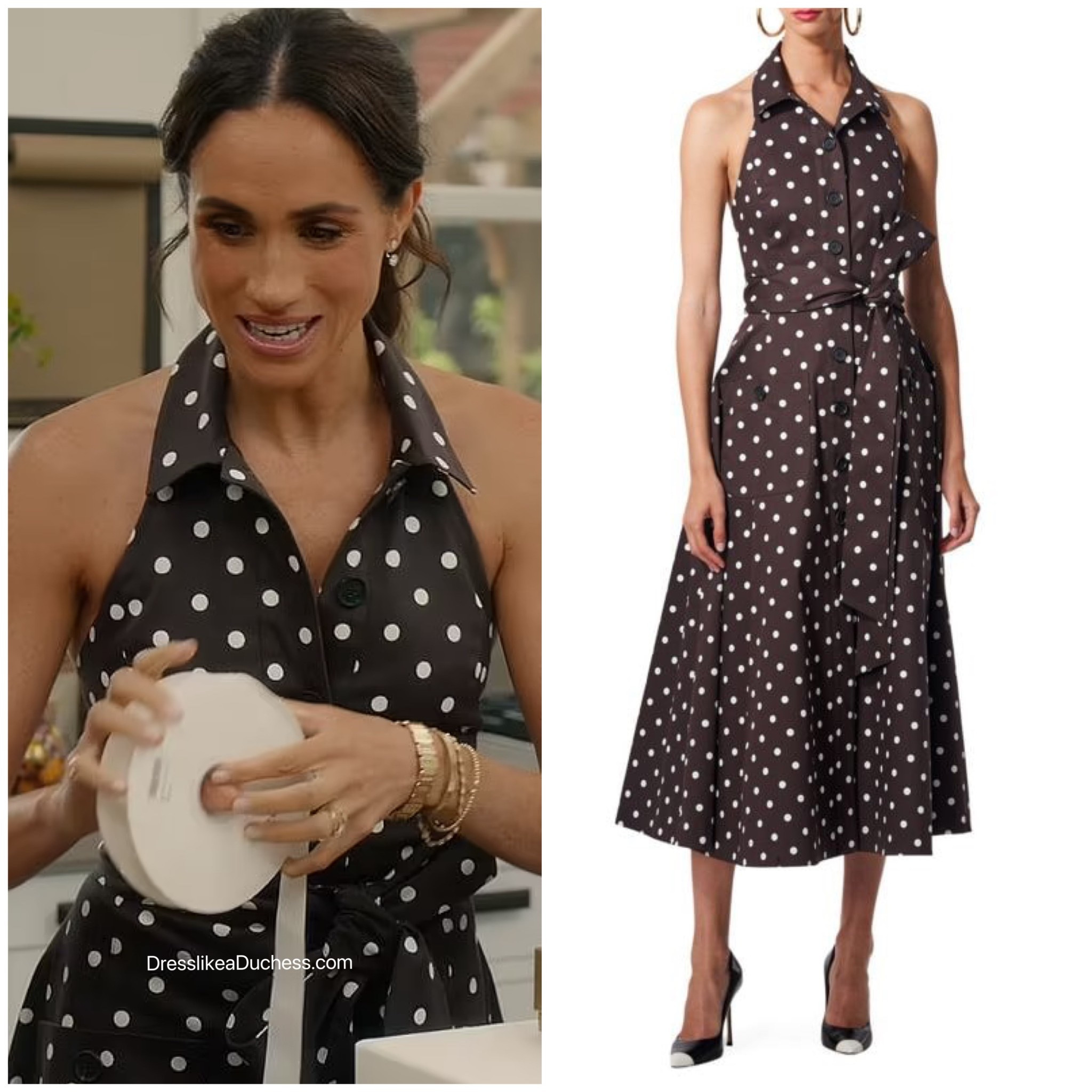 Meghan Markle wearing Carolina Herrera brown polka dot Halterneck dress on With Love, Meghan 
