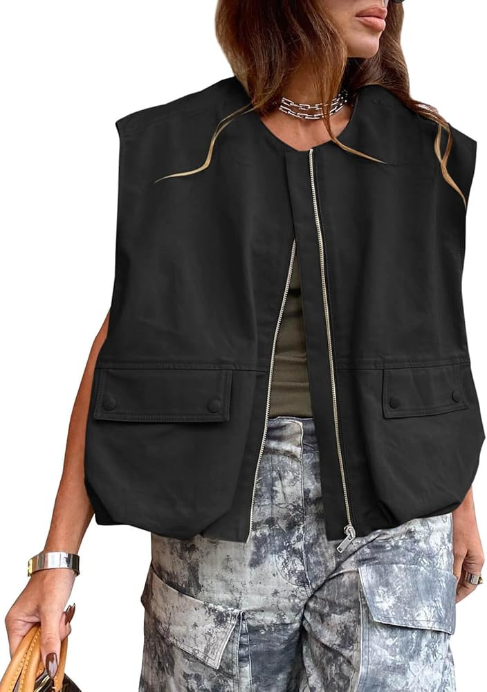 Tankaneo Womens Casual Zip Up Vest Cargo Oversized Ruched Hem Sleeveless Blazer Jackets Tops | Amazon (US)