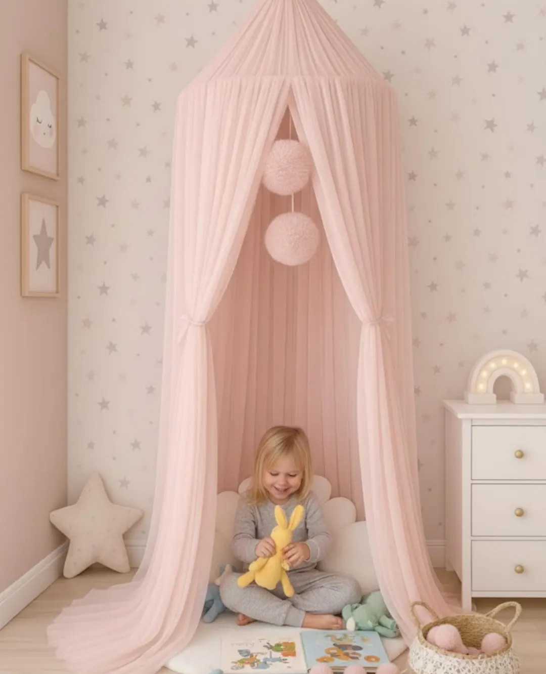 Large Princess Kids Bed Canopy, Montessori Play Tent With Pompoms, Playhouse Tent for Toddler, Dr... | Etsy (DACH)