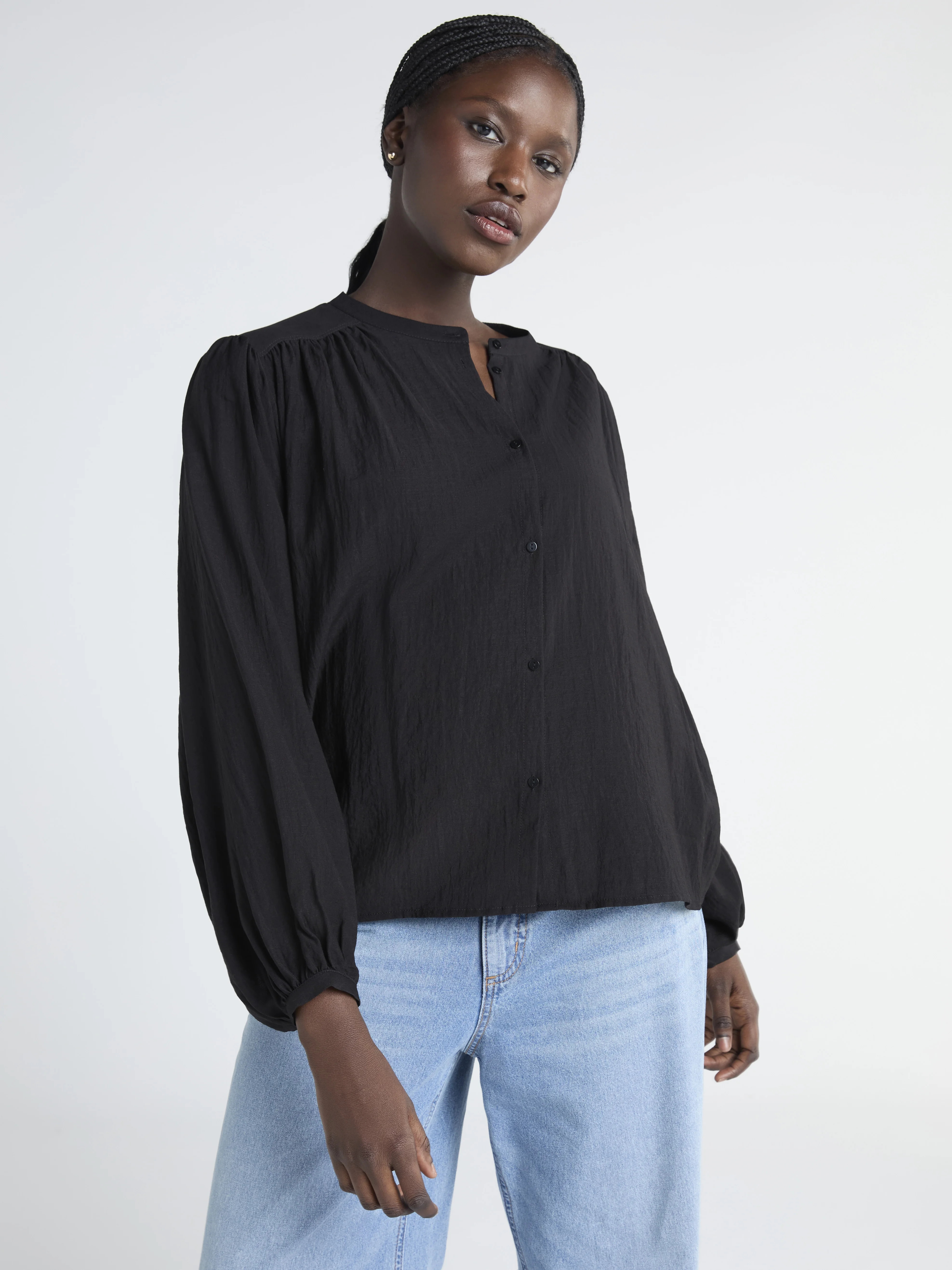 Scoop Women’s Crinkle Gauze Shirt with Blouson Sleeves, Sizes XS-XXL | Walmart (US)