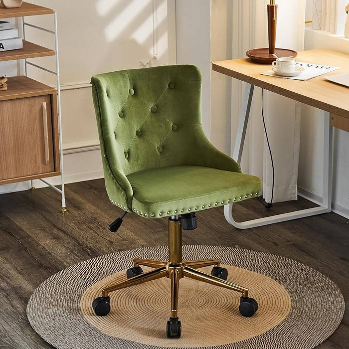 VINGLI Olive Green Velvet Armless Office Desk Chair with Gold Base/Wheels, Small Cute Vanity/Make... | Amazon (US)