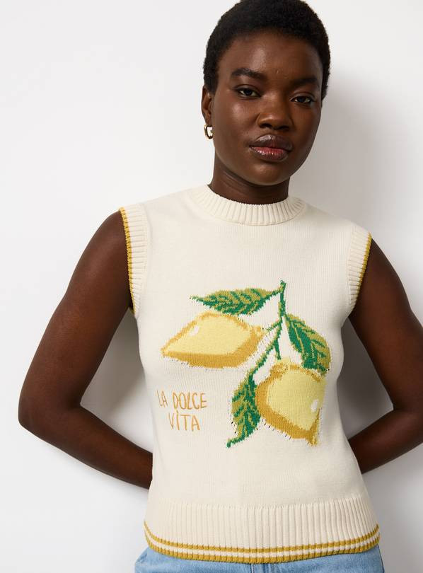 Cream Lemon Graphic Knitted Vest Top L | Tu Clothing