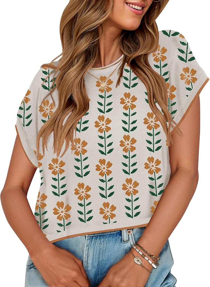 ZESICA Womens Floral Sweater Vest Summer Short Sleeve Crew Neck Cute Loose Knit Tops 2026 Trendy ... | Amazon (US)