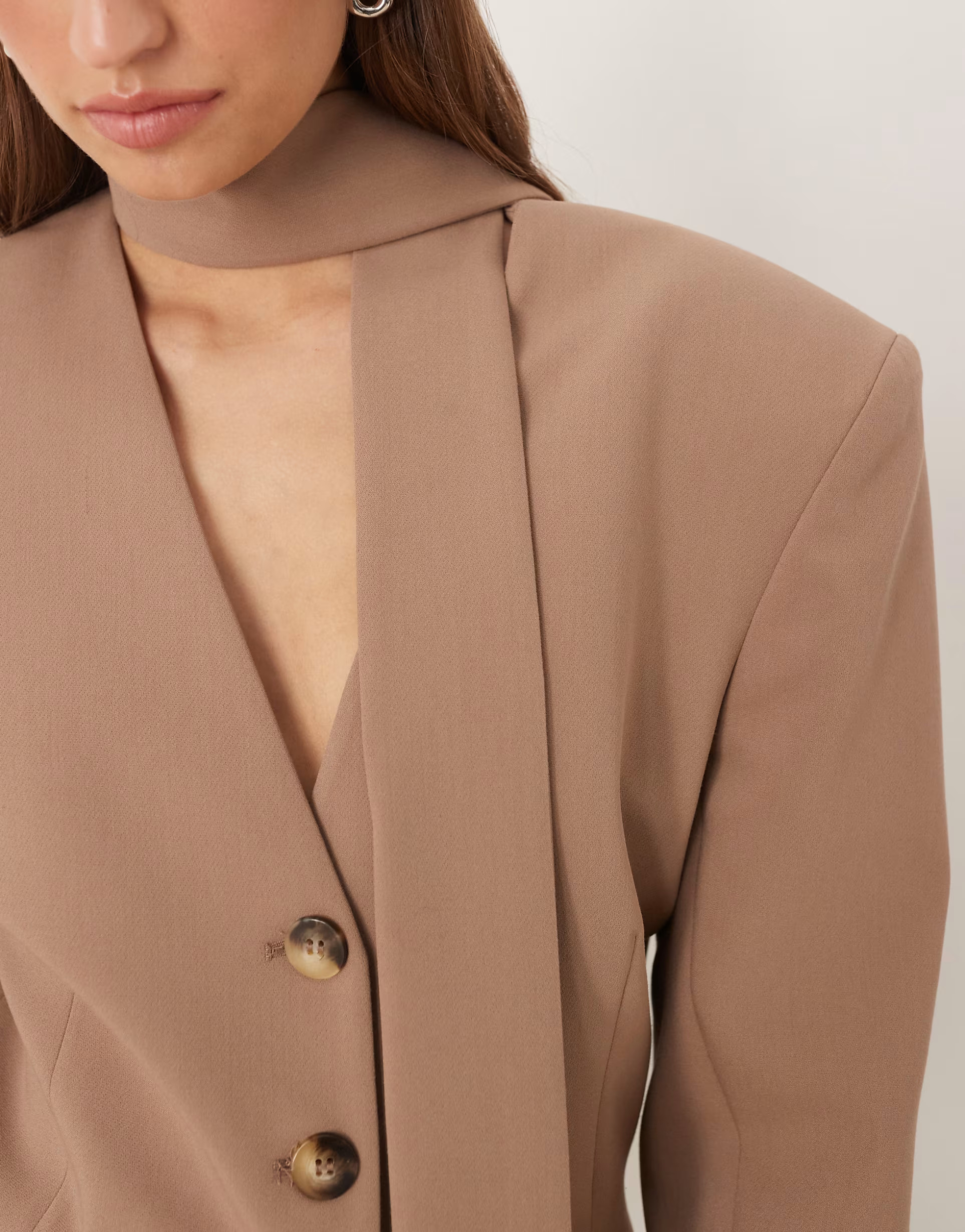 ASOS DESIGN cinch shoulder pad blazer with scarf co ord in mocha | ASOS (Global)