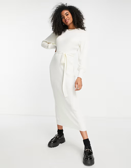 Pretty Lavish tie waist knitted midaxi dress in cream | ASOS (Global)