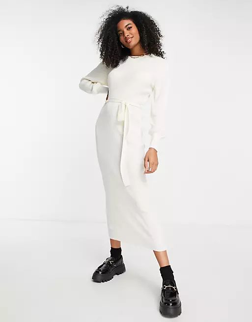 Pretty Lavish tie waist knitted midaxi dress in cream | ASOS (Global)