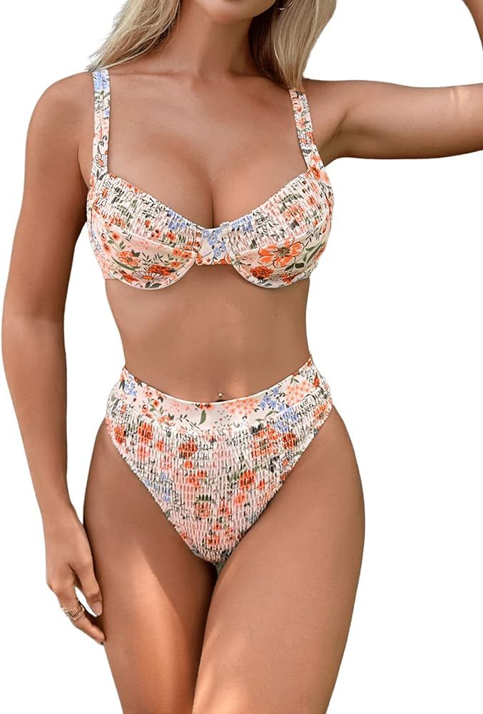SOLY HUX Bikini Sets for Women Floral Print Smocked Underwire Bikini Bathing Suits 2 Piece Swimsu... | Amazon (US)