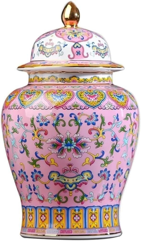 ELEFOCUS Ceramic Ginger Jar with Lid, Gold Enamel Porcelain Temple Vase, Floral Decorative Tea St... | Amazon (US)