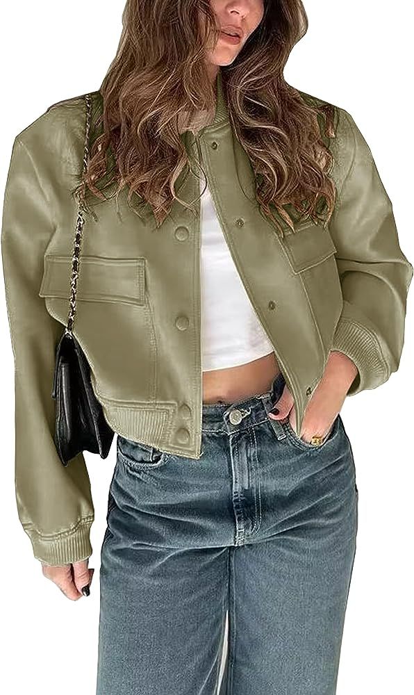 Womens Cropped Bomber Jacket Button Down Varsity Jackets Shackets With Pockets | Amazon (US)