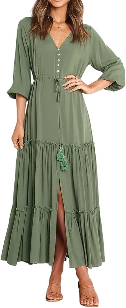 R.Vivimos Maxi Dress for Women Long Sleeve V Neck Drawstring Button Up Casual Split Flowy Dress | Amazon (US)