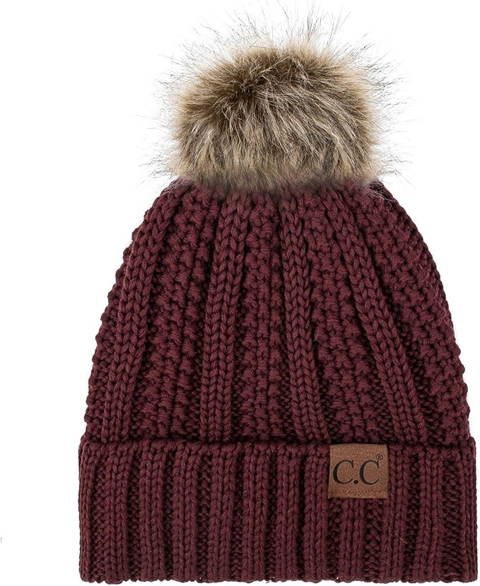 C.C Exclusives Fuzzy Lined Knit Fur Pom Beanie Hat (YJ-820) | Amazon (US)