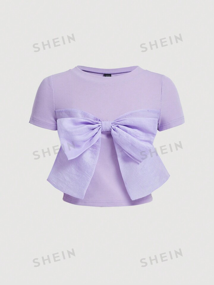 SHEIN MOD Plus Size Purple Organza Bow Knitted Elastic Short Sleeve T-Shirt For Summer | SHEIN
