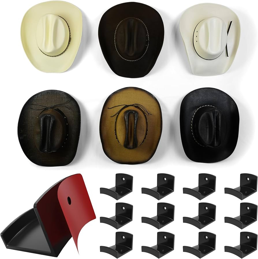 Amazon.com: Modern JP Adhesive Hat Hooks for Wall (12-Pack) - Cowboy Hat Rack, Wide Brim Hat Orga... | Amazon (US)