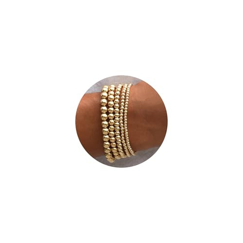 17 MILE 5 Pcs Gold Beaded Bracelet for Women, 14K Gold Plated Stackable Strand Stretch Bead Ball Bracelet Set Stack | Amazon (US)