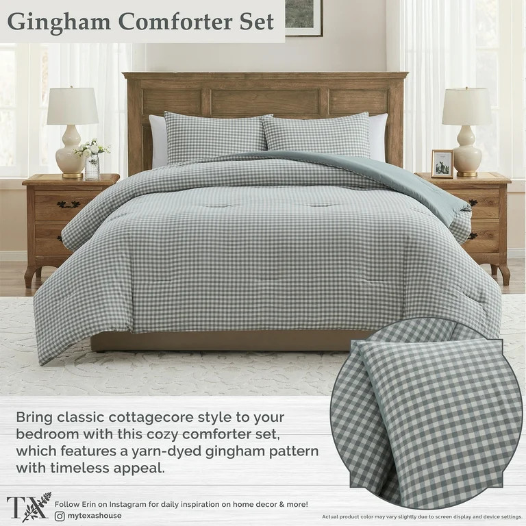 My Texas House Full/Queen Comforter Set, All-Season, 3-Piece, Green Gingham Plaid | Walmart (US)