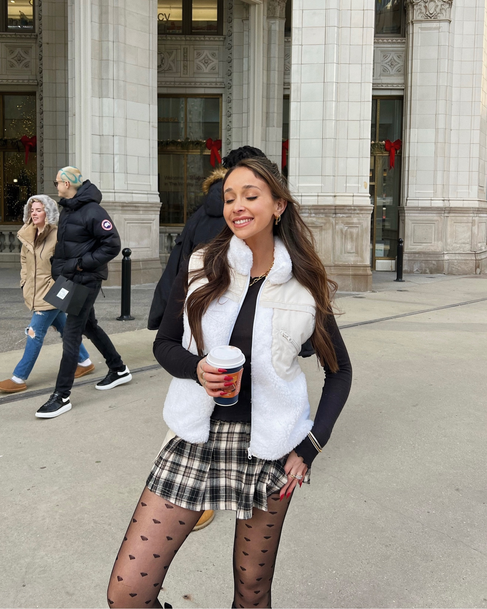 my absolute favorite pattern tights, sherpa vest and plaid skirt combo! i love layering printed mini skirts over tights this season, and one of my favorite pieces to style will alwayssss be vests bc it helps create shape and fake a waist! 

#LTKsalealert #LTKfindsunder100 #LTKSeasonal