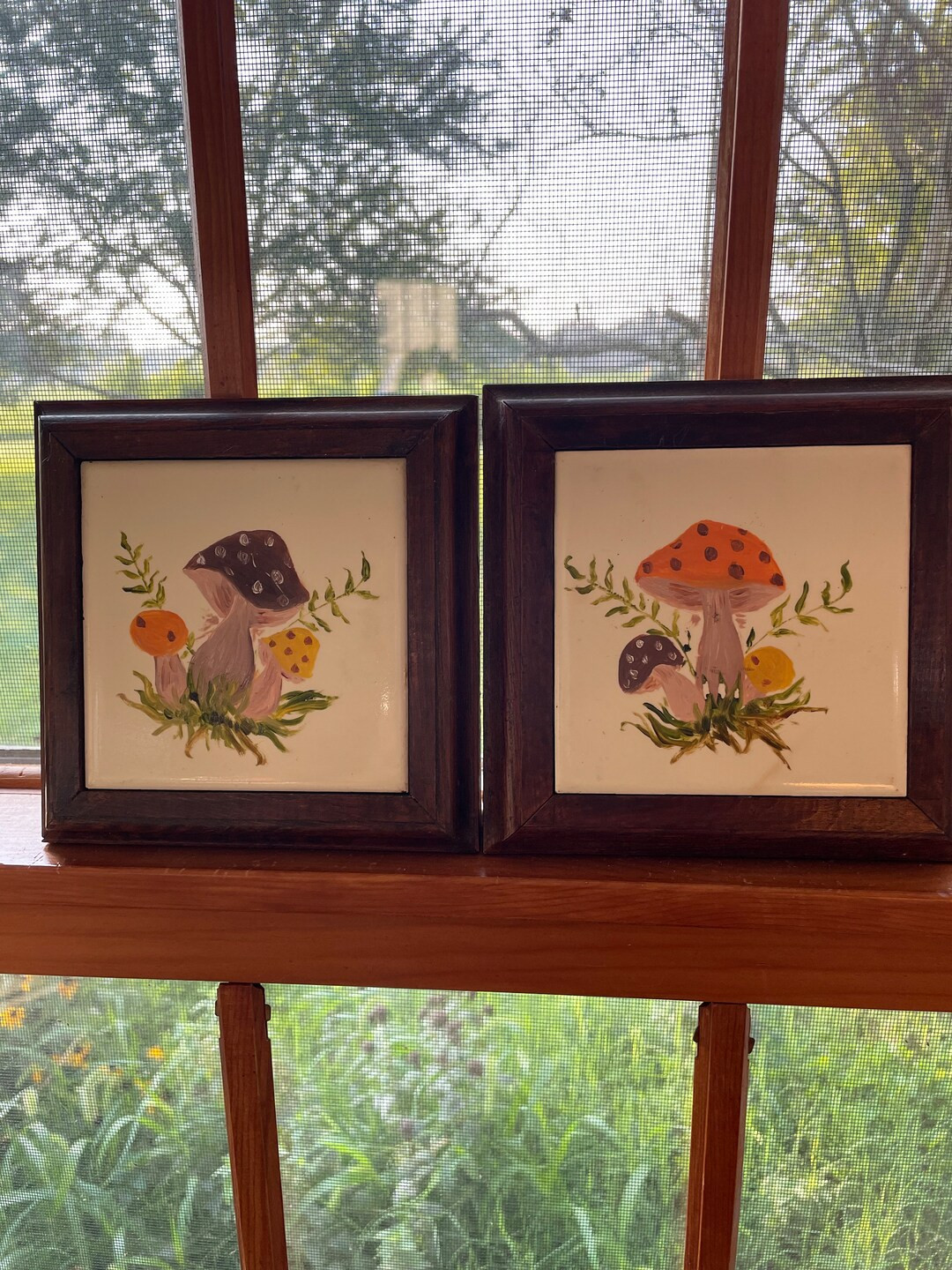 1970s Pair of Mushroom Hand Painted Tile Framed Wall Decor - Etsy | Etsy (US)