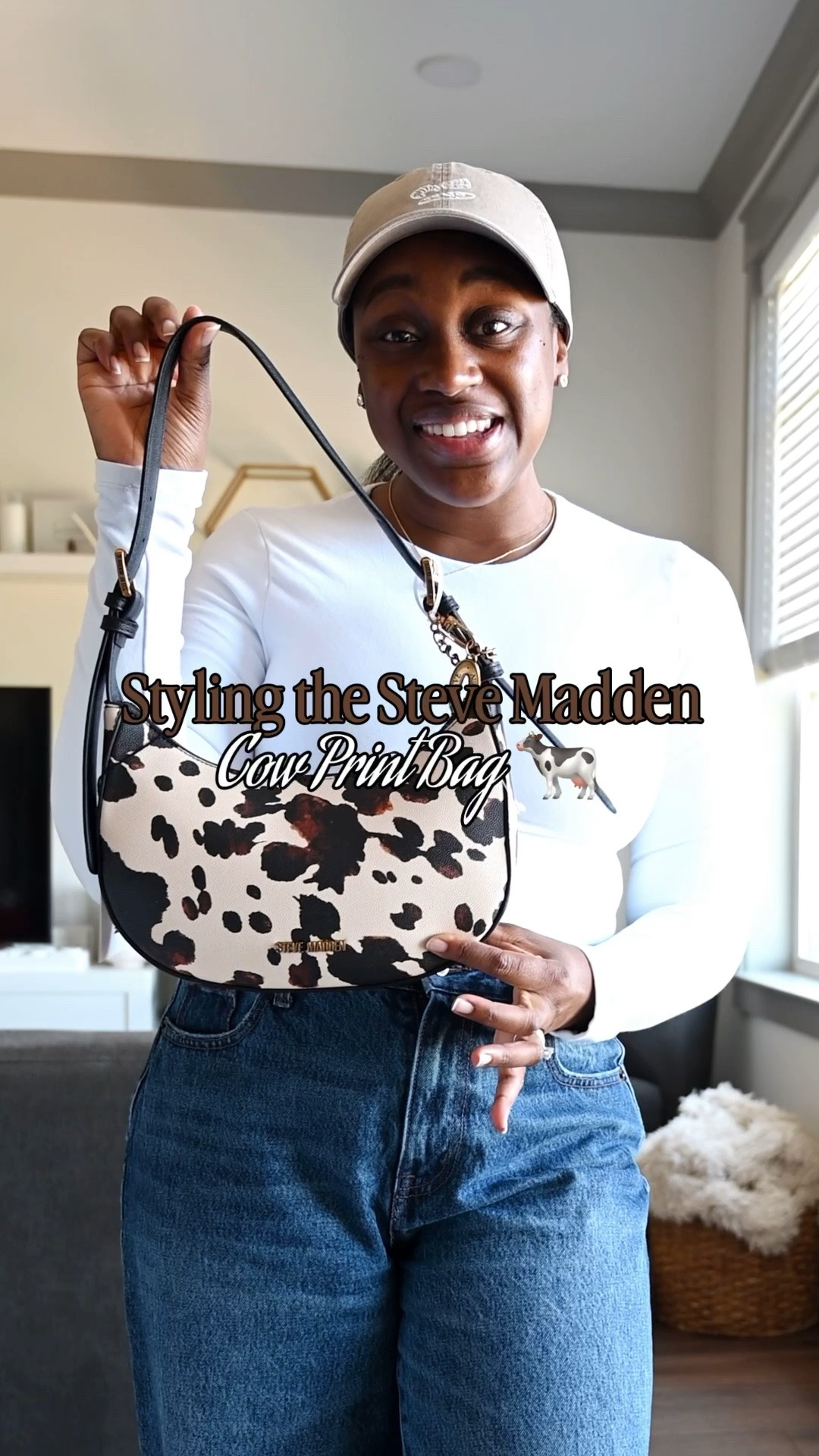 Styled the cutest cow print bag for a casual brunch date 🥰