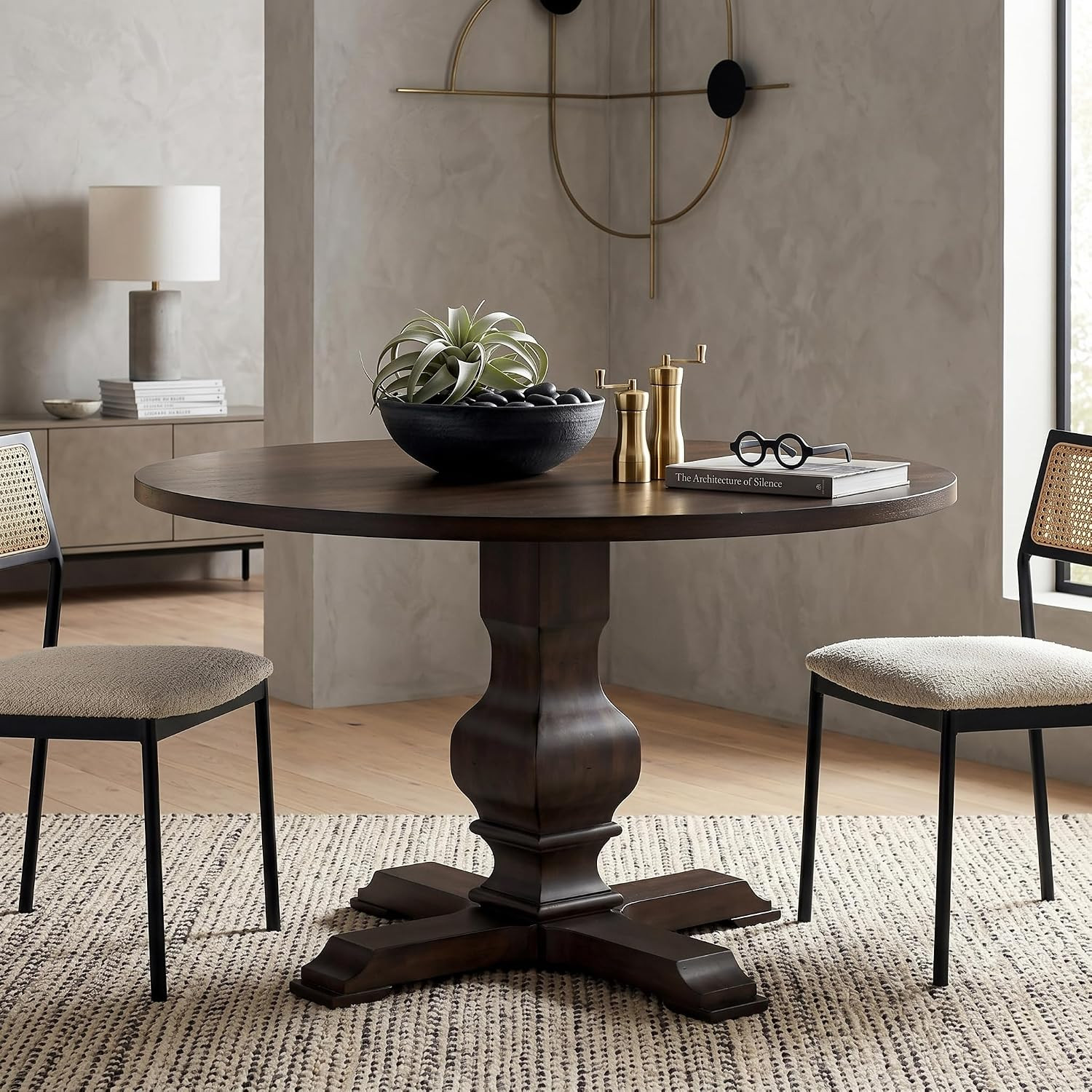Roundhill Furniture Havre Wood Pedestal Round Dining Table, Burnished Oak | Amazon (US)