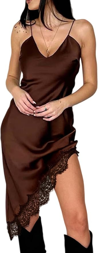 Seyumixi Women's Satin Slip Dress with Lace Trim Asymmetrical Hem Sexy Lace Mini Dress Spaghetti ... | Amazon (US)