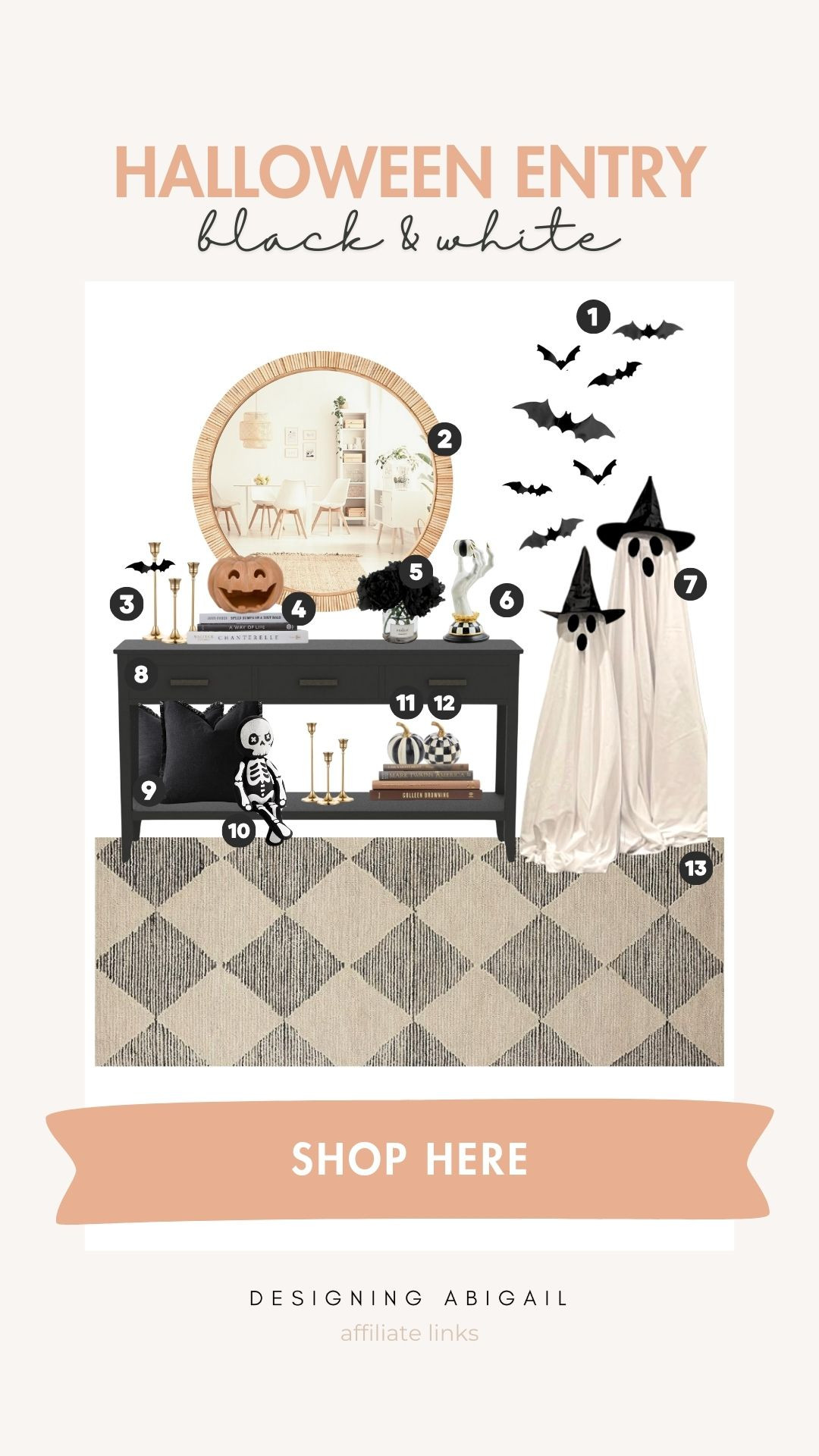 Moodboard for a traditional, cute, and slightly spooky front entryway! 🤍👻🖤

Black and white pumpkin, pumpkin, ghost pillow, candles, Halloween candle, black flowers, checkered, Mackenzie-childs, candlesticks, spider, crow, crows, scalloped bowl, spooky candles, teacup, teacups, skull decor, vase, floating candles, Rug, black and white, pillow, throws, throw pillow, pillow cover, ghost, ghost pillow, hand towels, towel, skeleton pillow, pumpkin pillow, spider pillow, classic, traditional, home decor, Halloween, spooky, haunted, fall, front entry, entry way decor, entry decor, entry table, studio McGee, Joanna gaines, console table, traditional 

#LTKHome #LTKSeasonal #LTKFallSale