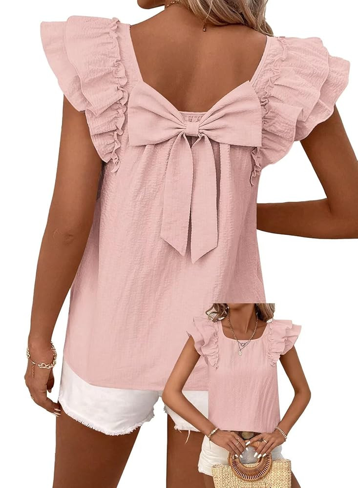 Womens Bow Tie Back Tops Round Neck Ruffle Short Sleeve Shirts Cute Babydoll Chiffon Tee Women Su... | Amazon (US)