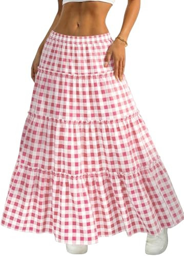 ELLEVEN Women's Gingham Boho Maxi Skirt A-Line Light Pink Plaid X-Large | Amazon (US)