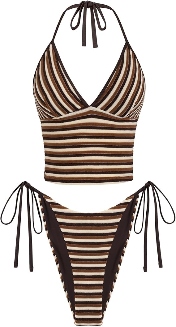 ZAFUL Swim Suits for Women 2025 Halter V Neck Tankini Sets Striped Terry Bikini High Cut Tie Side... | Amazon (US)