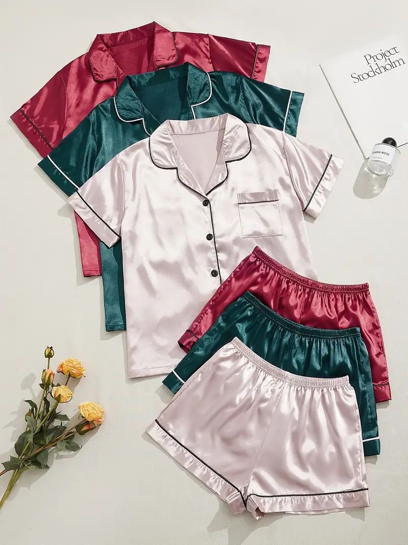 3 Sets Satin Pajama Set, Short Sleeve Lapel Top & Elastic Waistband Shorts, Women's Sleepwear & L... | Temu Affiliate Program