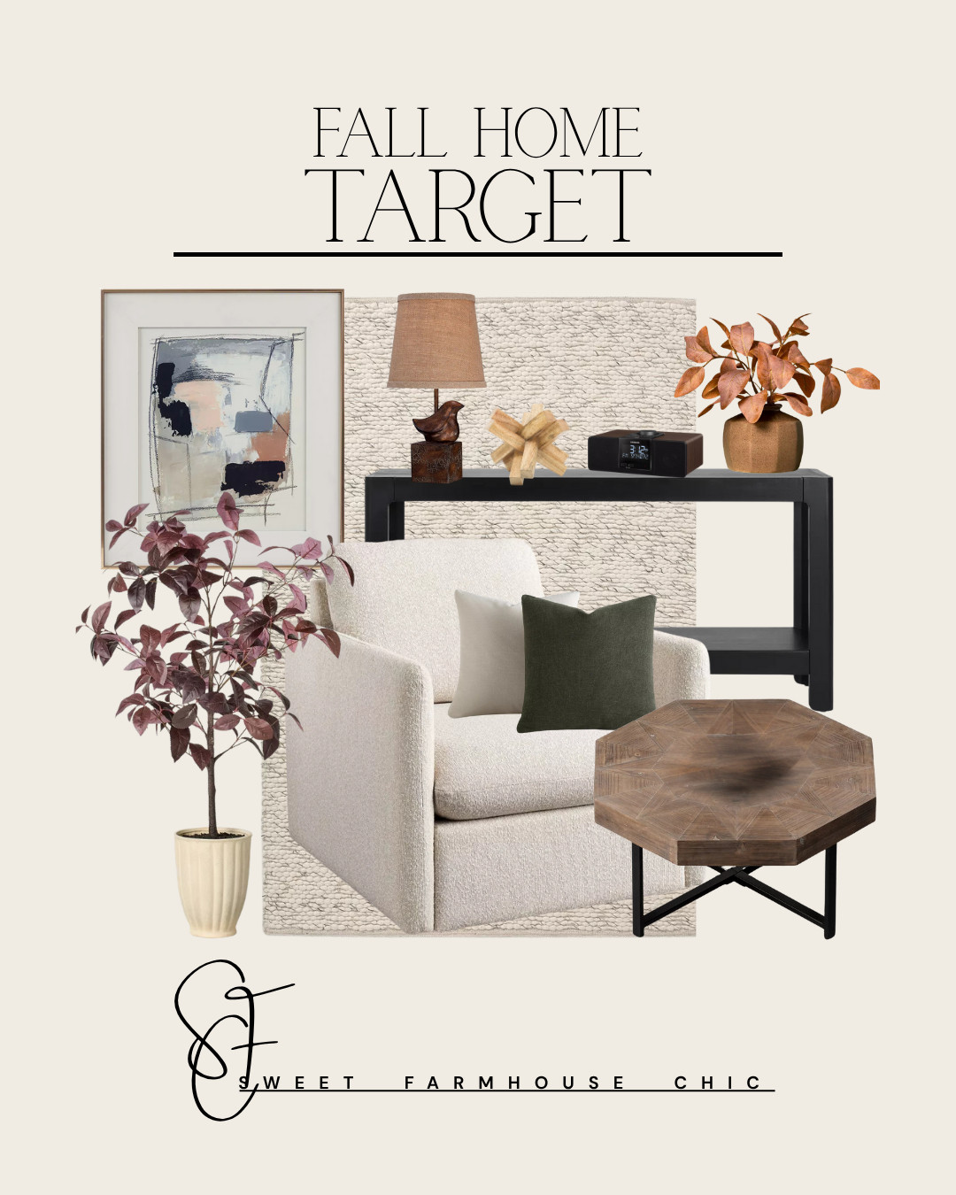 Target Fall Home 

// Fall, Fall 2025, Fall Home, Fall Decor,  Fall Home Decor, Target, Target Fall, Target Home, Target Home Finds, Target Decor,  Fall Living Room, Living Room, Living Room Furniture, Living Room Decor, Living Room Inspo, Living Room Rug, Target Rug, Rugs, Target Wall Art, Wall Art Decor, Framed Wall Art, Framed Art, Table Lamp, Artificial Tree, Artificial Plants, Uphosltered Chair, Arm Chair, Target Throw Pillows, Throw Pillows, Coffee Table, Console Table, Wood Console Table, Clock 

 

#LTKSeasonal #LTKHome #LTKautumn