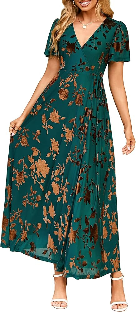 BerryGo Women's Velvet V Neck Wrap Fall Maxi Dress Formal Bell Sleeve Bridesmaid Cocktail Party L... | Amazon (US)