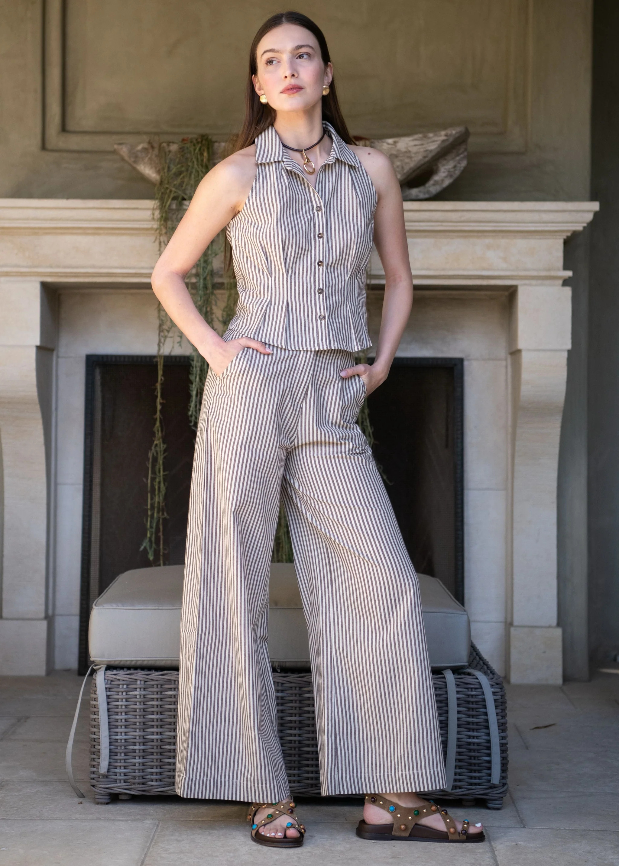 Brynn Striped Brown and Cream Collared Blouse | Benaar La