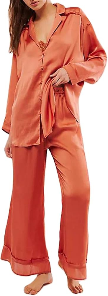 Women Satin Pajama Set Floral Silk Pajamas 2 Piece Lounge Sets Button Down Shirts Wide Leg Pants ... | Amazon (US)