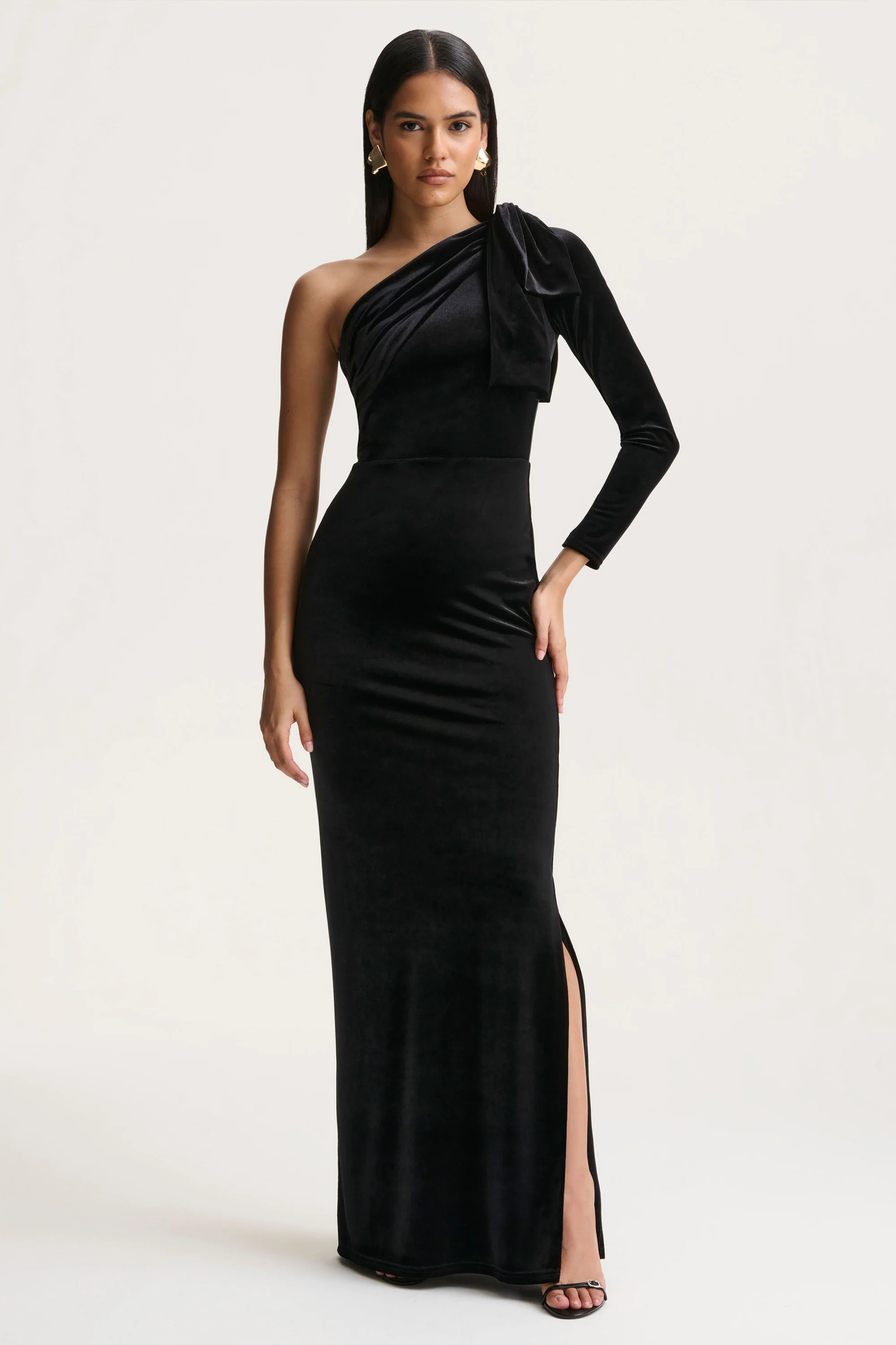 Farryn | Black Asymmetric-Neck Maxi Dress With Bow Detail | Club L London