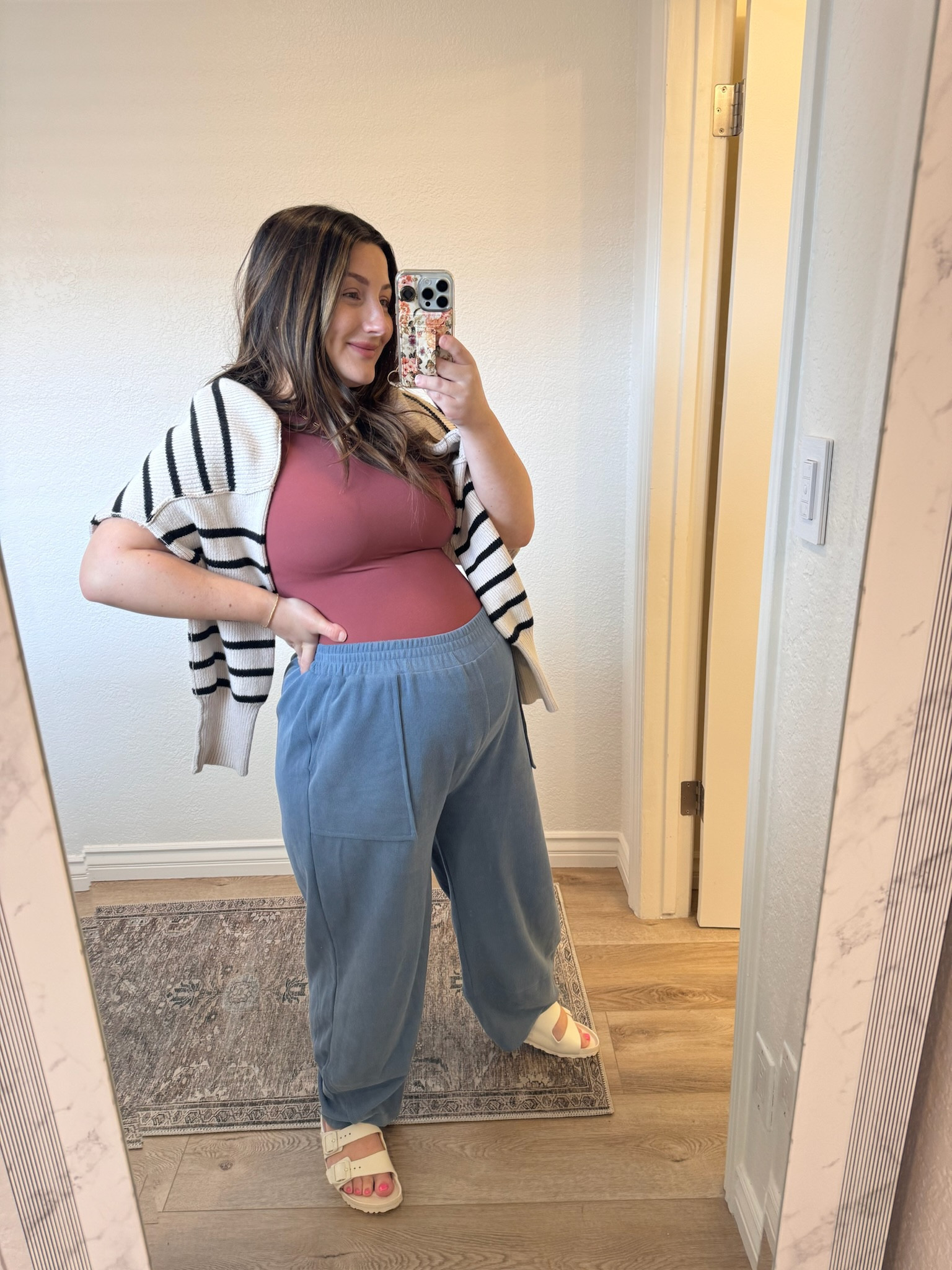 Love these petite friendly pants that don’t need to be hemmed! This was one of my favorite outfits during pregnancy and easy to throw on and look cute!! 

Bodysuit: size medium 
Pants: size medium 
Shoes: run TTS
Sweater: size xs 

bump outfit, maternity outfit, petite outfit, loungewear, lounge pants, petite lounge pants, summer, striped sweater, travel outfit, comfortable maternity, cute maternity, what to wear when pregnant 

#LTKFindsUnder50 #LTKStyleTip #LTKBump