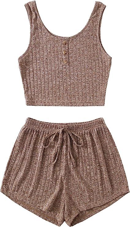 SheIn Women's 2 Piece Sleeveless Button Crop Tank Tops and Shorts Lounge Set | Amazon (US)
