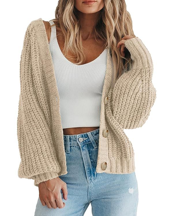PRETTYGARDEN Women's Chunky Knit Open Front Sweater Long Sleeve Button Loose Short Cardigan Outer... | Amazon (US)