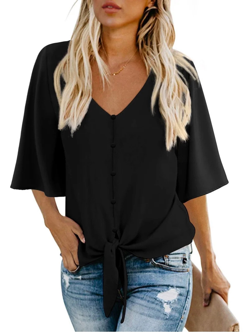 Anygrew Womens Tops Summer Blouses V Neck Batwing Sleeve Tops Tie Knot Chiffon Button Down Casual... | Walmart (US)