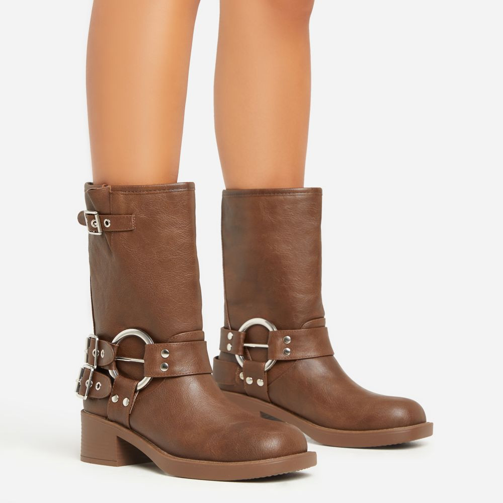Motorbike Ring Buckle Detail Ankle Biker Boot In Brown Faux Leather | EGO (UK)