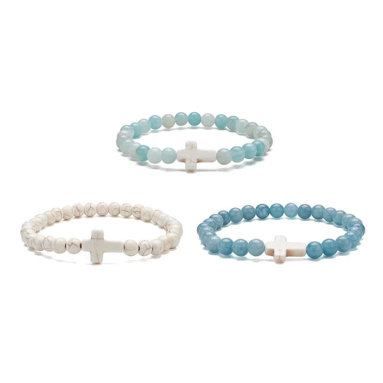3Pcs 3 Style Natural Blue Quartz & Grade A Amazonite & Turquoise Cross Beaded Stretch Bracelets S... | Walmart (US)