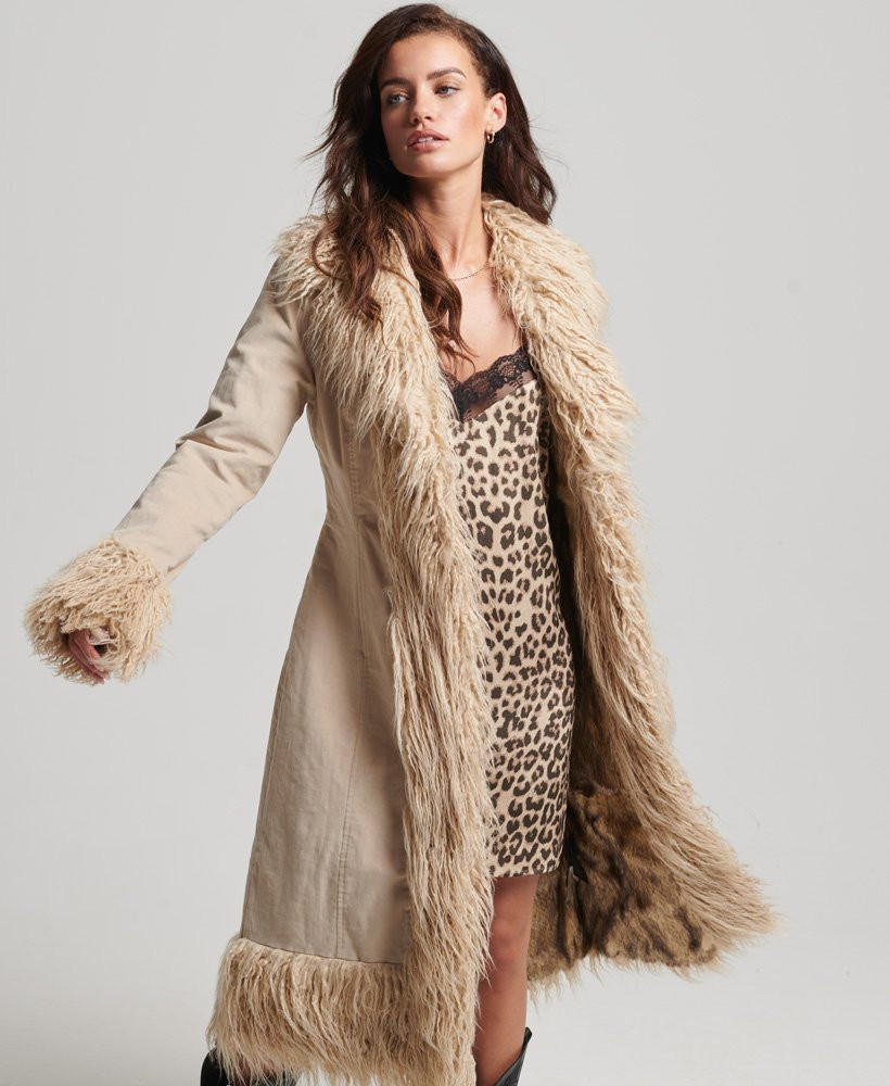 Womens - Faux Fur Lined Longline Afghan Coat in Brown | Superdry | Superdry (UK)